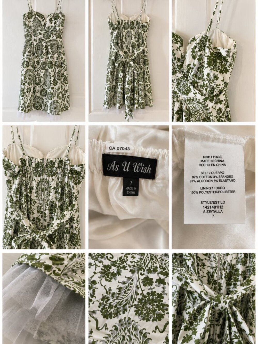 As U Wish Green & White Floral Dress – Adjustable Straps Size 7